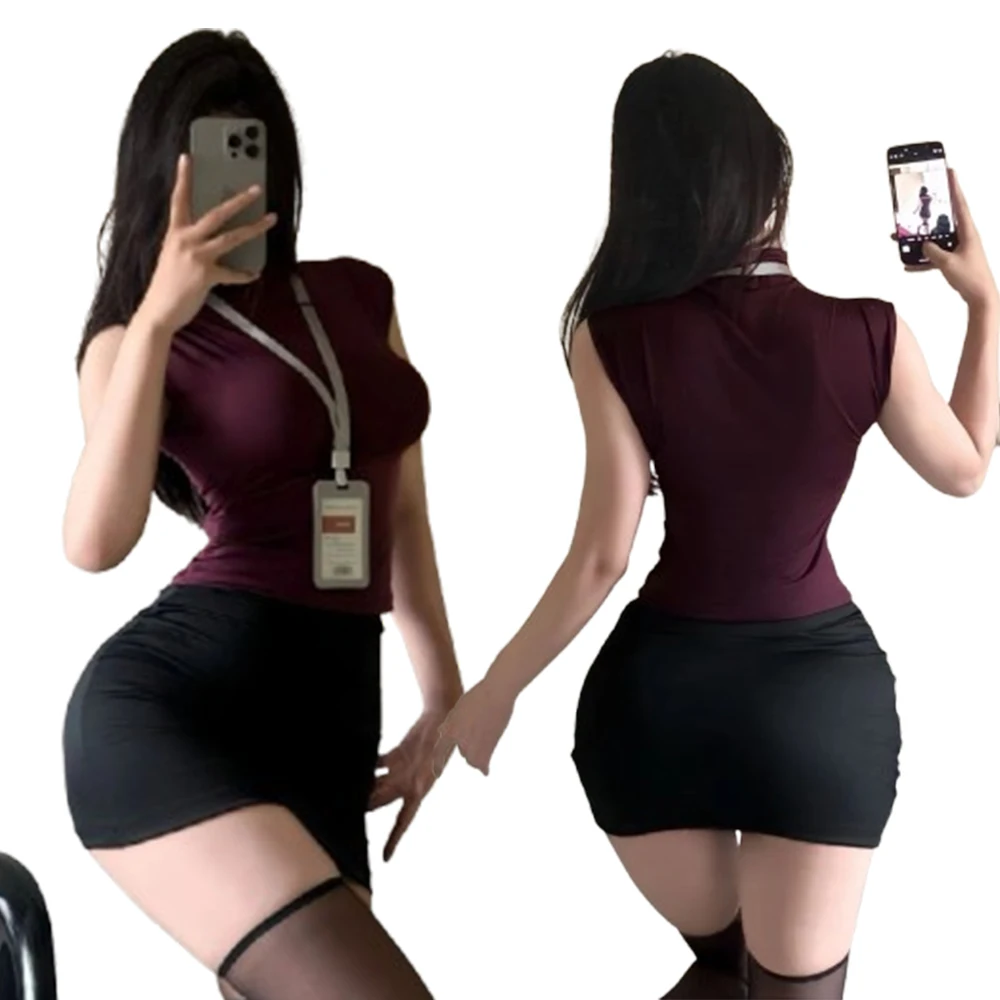 

Plus size Sexy Office Lady Cosplay Costumes Erotic Lingerie Sleeveless Women's Secretary Roleplay Uniform Temptation Mini Dress