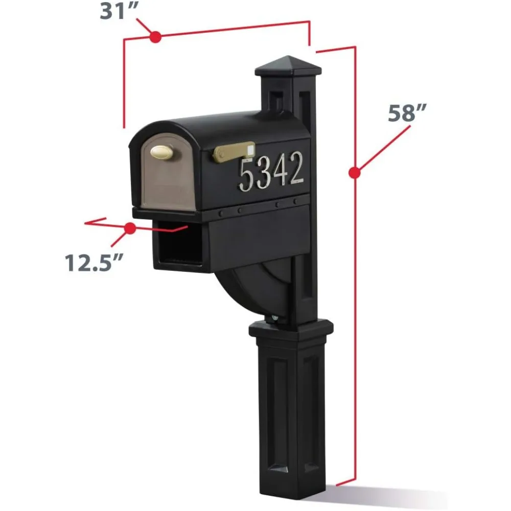 Mailbox & Post, Weather Resistant, Large Outdoor Mailboxes, Made of Durable Plastic, Easy to Install, Flag Included, Black