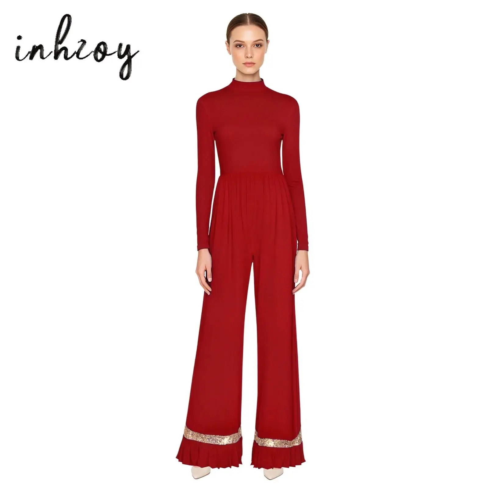 

Womens Worship Praise Lyrical Dance Rompers Long Sleeve Ruffled Trim Sequins Wide Leg Pants One-piece Jumpsuit Church Costume