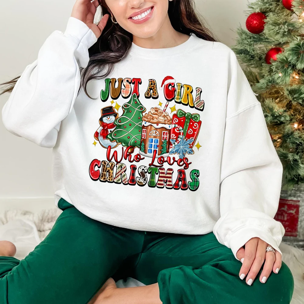 Just A Girl Who Loves Christmas Printed Sweatshirt Women Christmas Hoodie Tops Holiday Sweater Winter Holidy Outfit Sweatshirts