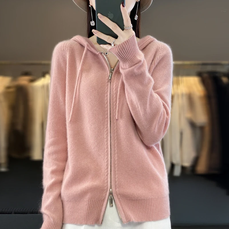 100% Merino wool sweater women hooded cardigan zipper long sleeve casual loose cashmere knit jacket Korean fashion top