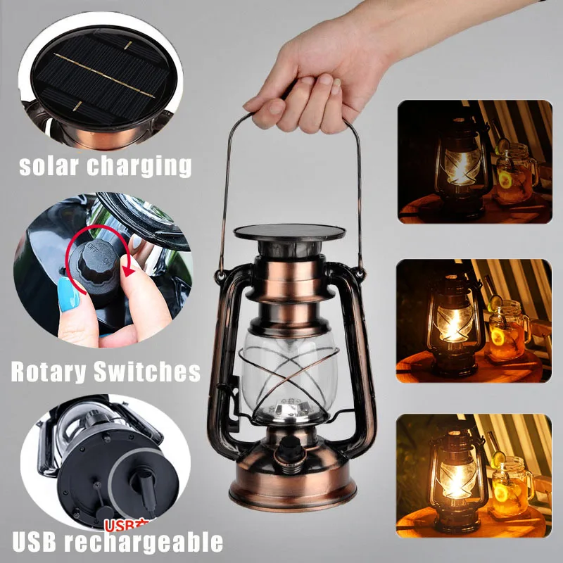 Solar Camping Lantern USB Rechargeable Outdoor Kerosene Lamp LED Dimmable Night Light Tent Travel Emergency Lighting Vintage