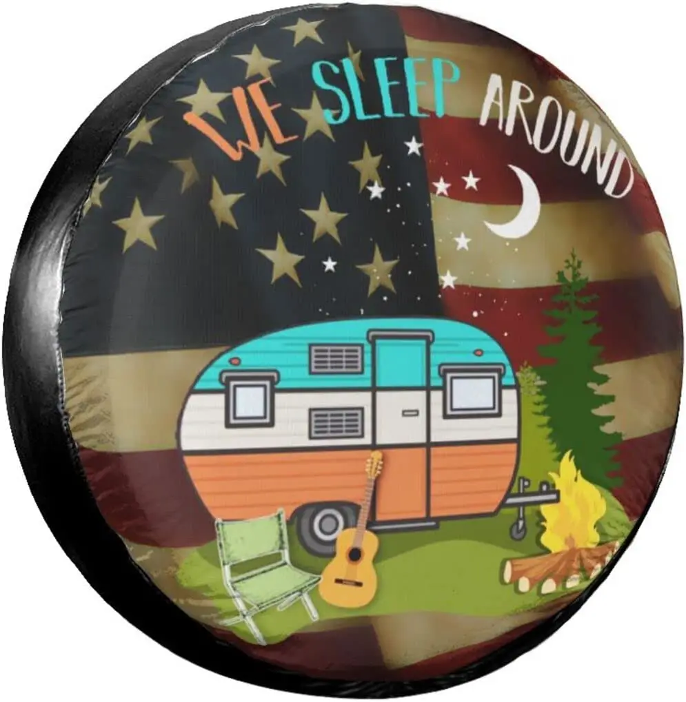 

Socira We Sleep Around Camper Tire Cover, Vintage American Flag Spare Tire Covers, Sun UV Block Wheel Tire Protectors Universal