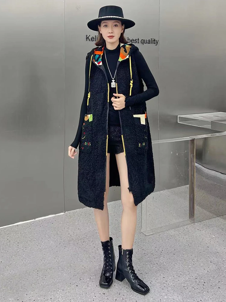 Max LuLu 2023 Winter Womens Fashion Printed Hooded Long Fur Vest Coats Ladies Loose Warm Padded Casual Cotton Sleeveless Parkas