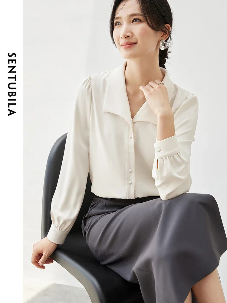 SENTUBILA Texture Office Lady Shirt for Women 2025 Spring Turn Down Collar Fold Long Sleeve Basic Simple Casual Blouse 143C56824