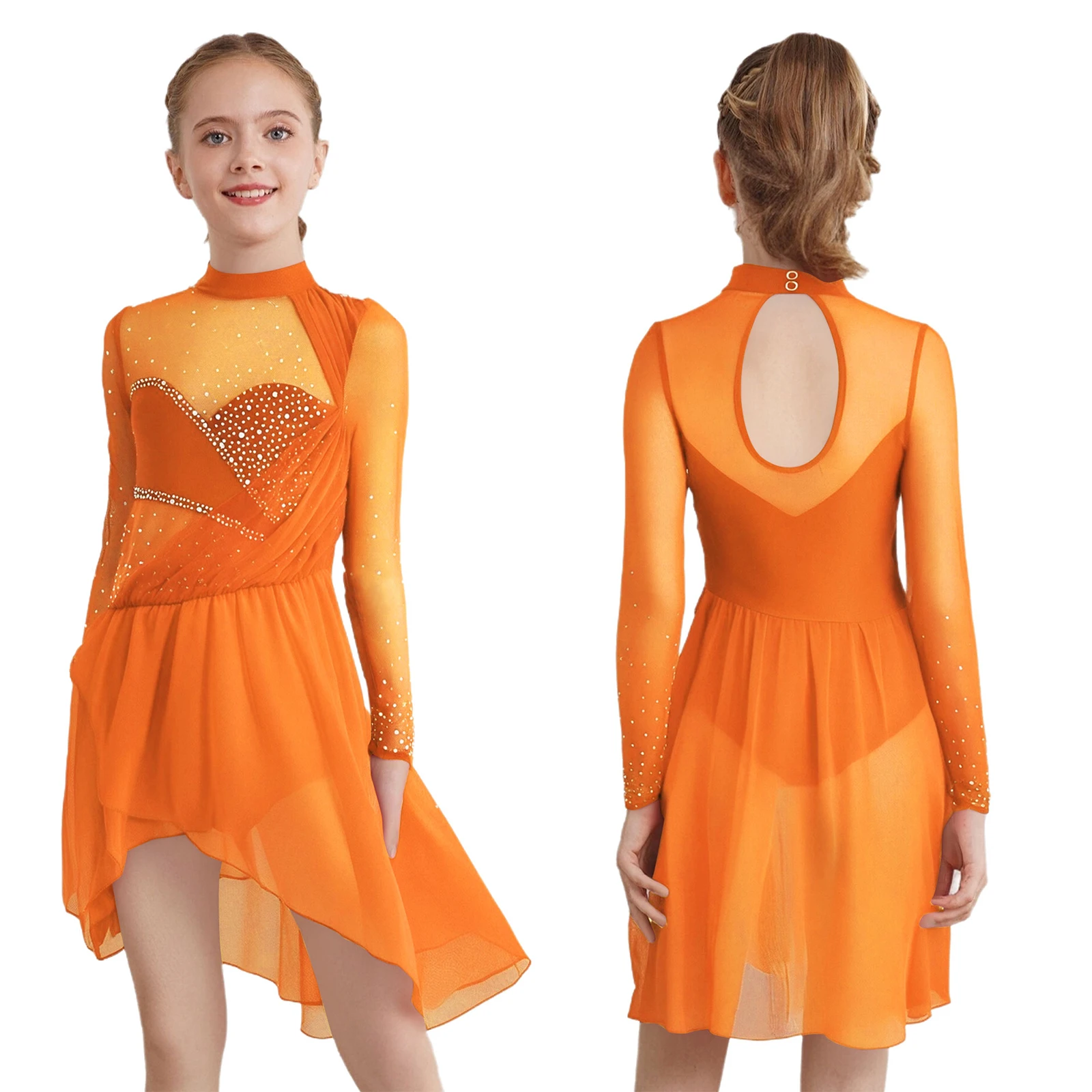 6-16Y الفتيات الشكل التزلج الحديثة الغنائية الرقص الجمباز رداء رقص الباليه فستان طويل الأكمام حجر الراين بقماش شفاف Dancewear #3