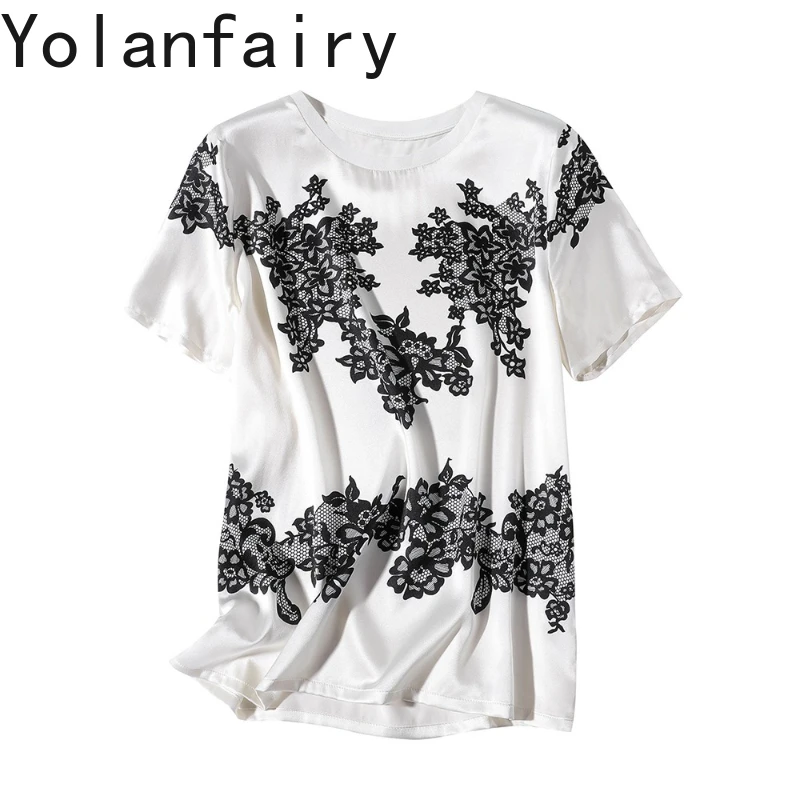 

YOLANFAIRY 95% Mulberry Silk T-shirts Woman Summer High-end Satin Womens Top Short Sleeve Printed Tee Shirt Femme Ladies T Shirt