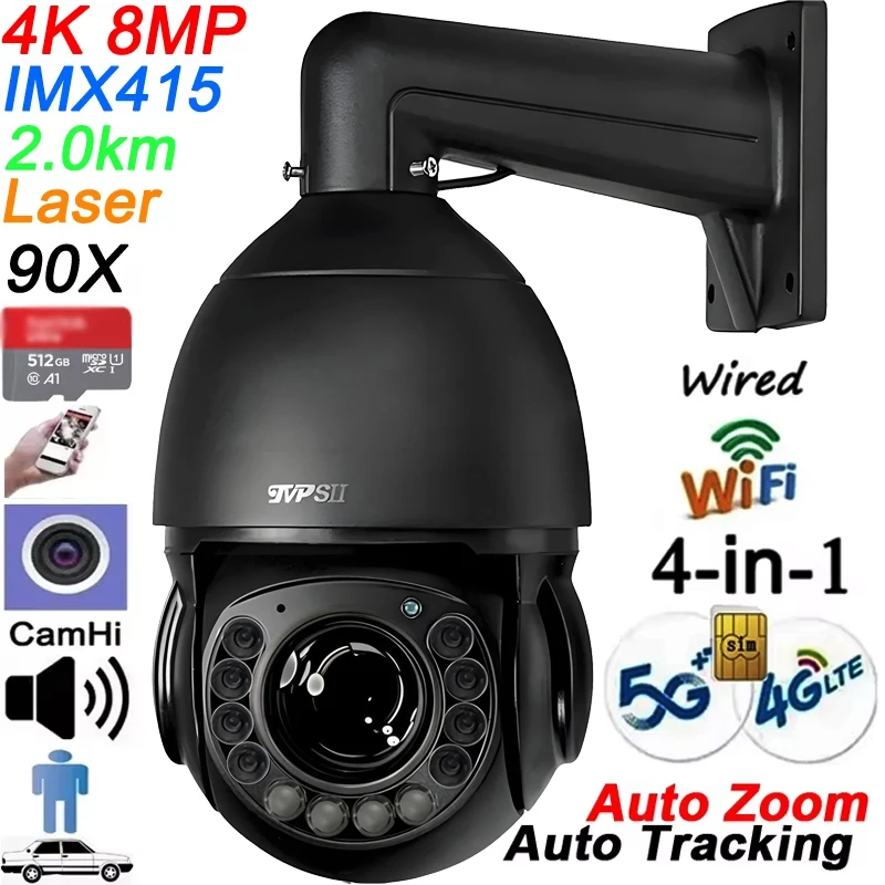 Metal Laser Infrared Auto Tracking Cruise CamHi 8MP 4K 90X Optical Zoom Audio 360° Wifi 5G 4G Sim 4-in-1 PTZ Speed Dome Camera