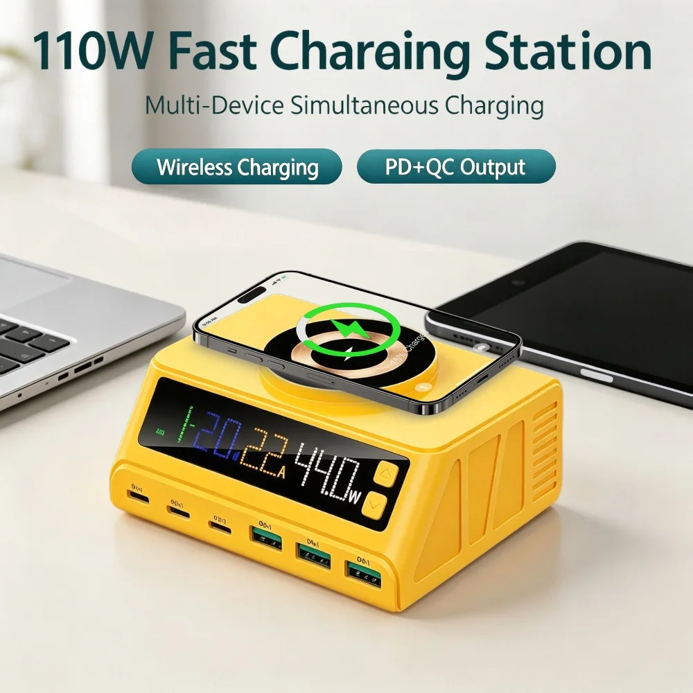 110W Multi‑Port Fast Charging Station Wireless Charger PD QC3.0 USB C Charger Hub Digital Display 6‑Port Desktop Charger Adapter