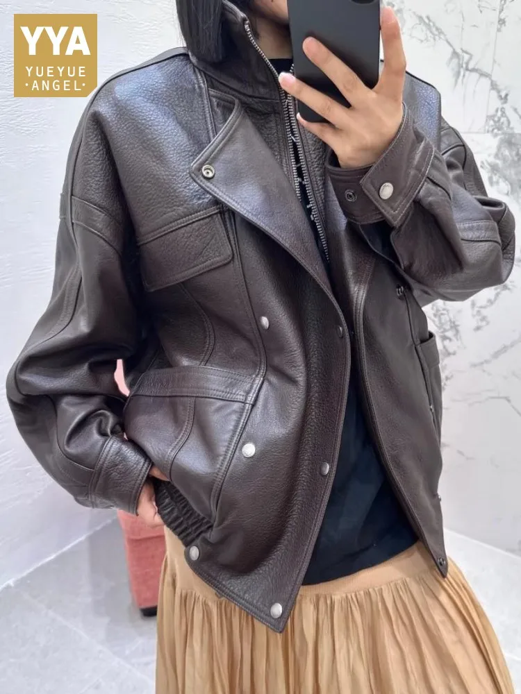 Leisure Style Solid Color Stand Collar Ladies Genuine Leather Jacket Loose Zipper Long Sleeves Sheepskin Motorcycle Outerwear
