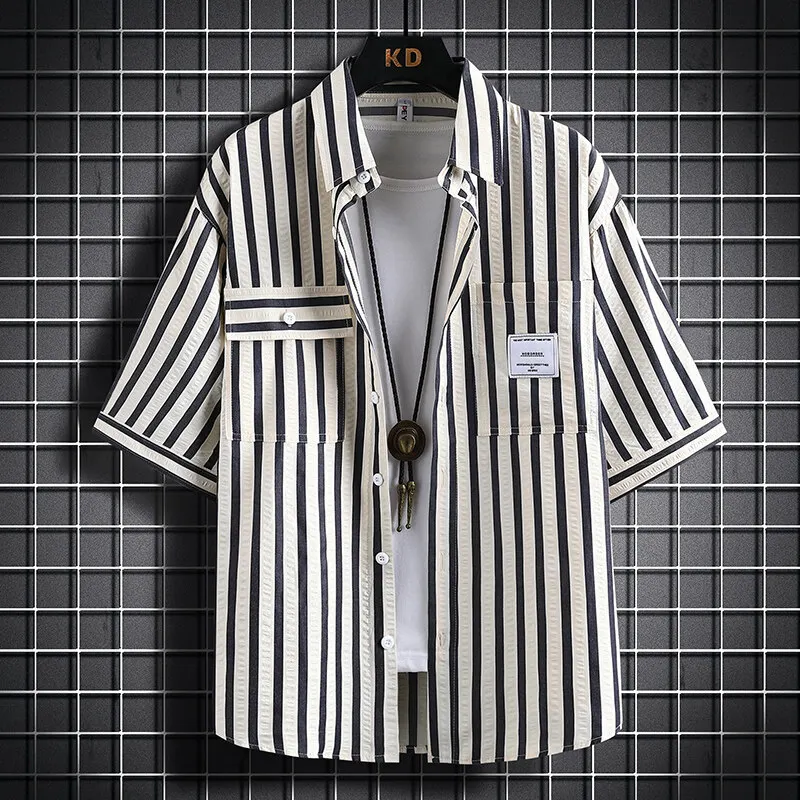 

Casual Stripe ort Sve Men's irt Breathable Faionable Summer New Sle Loose Fit Youth Urban Cotton Polyester Blend