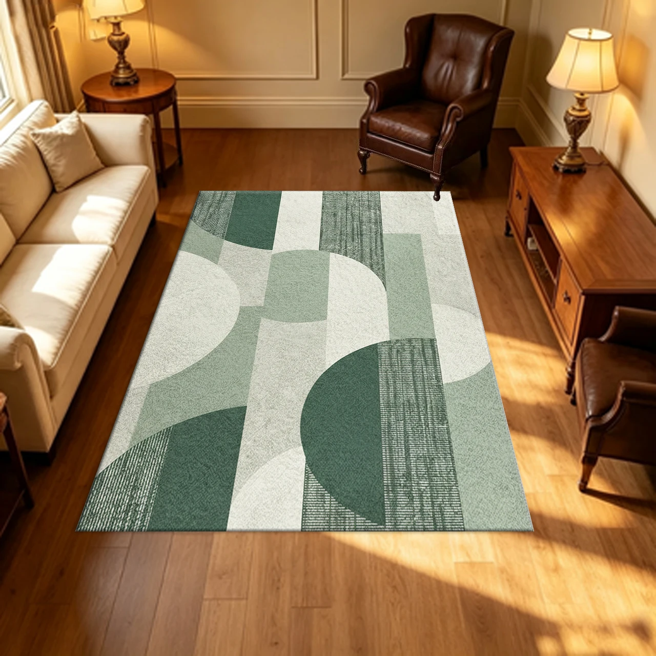 Green Geometric Block Circle Carpet Flooring Modern Abstract Area Rug Stylish Indoor Floor Rug for Home Living Bedroom