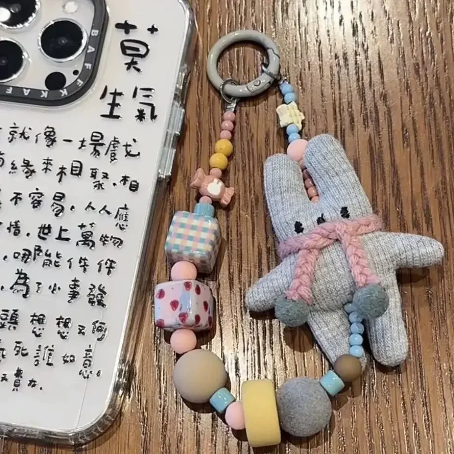 Rabbit Handmade DIY Phone Strap Lanyard With Slip Card For iPhone 14 CCD Camera Airpods Schoolbag  Ins Korea New Customized Bead