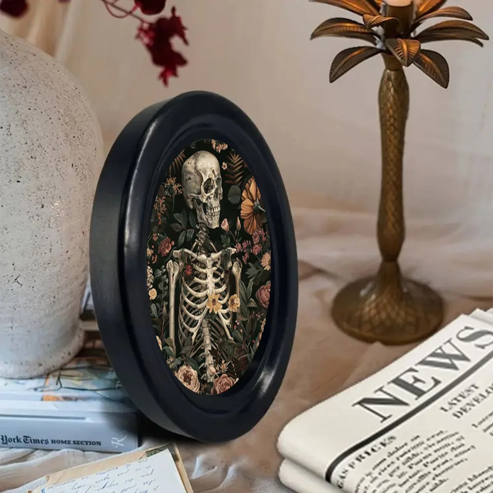 1 Piece of Vintage Floral Skull Wall Decoration, Wooden Oval Frame Wall Decor, Dark Gothic Style Halloween Tabletop Decoration, Dark Retro Holiday Decoration Gift for Bedroom and Living Room - view 6