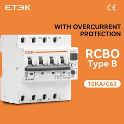 ETEK Type B RCBO Residual Automatic Circuit Breaker 10KA 3PN 4P 1PN 2P 40A 63A Over Current Leakage Protection 30mA EKL5