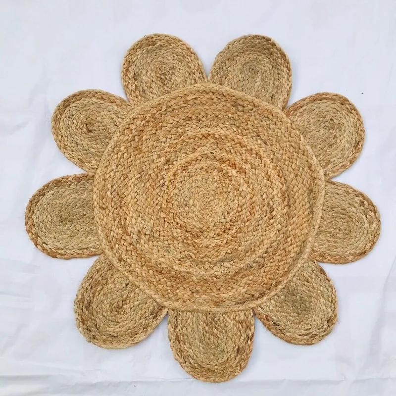 Natural Jute Braided Round Rugs Scalloped Decorative Pastoral Style Home Living Room Carpet