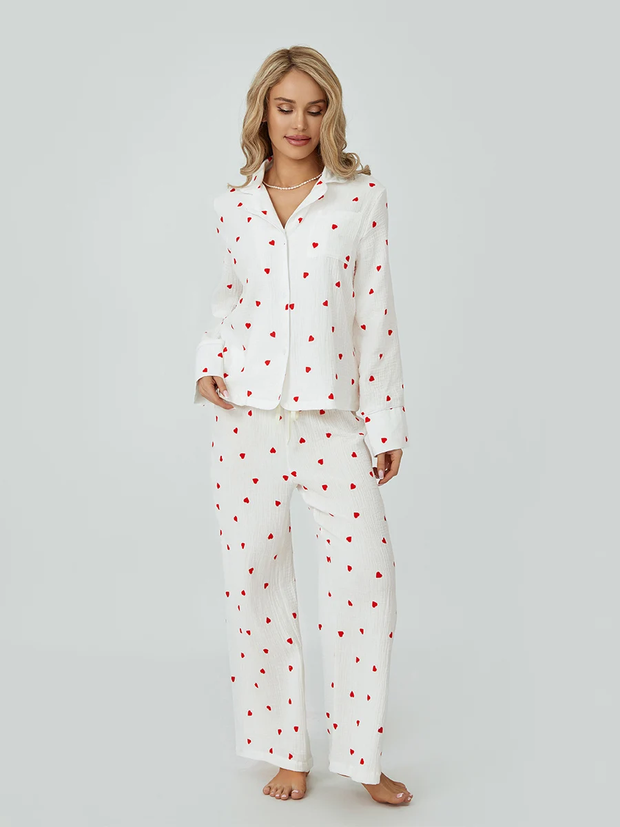 wsevypo Heart Print 2 Piece Pajamas Set Women\'s Casual Loungewear Long Sleeves Button Shirt and Elastic Pants Soft Sleepwear