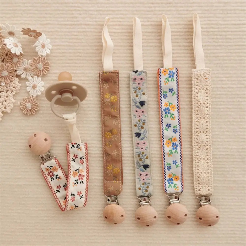 Ethnic Style Baby Cloth Pacifier Chain Embroidery Floral Adjustable Soother Holder Wood Dummy Clips Nipple Holder Clips Baby