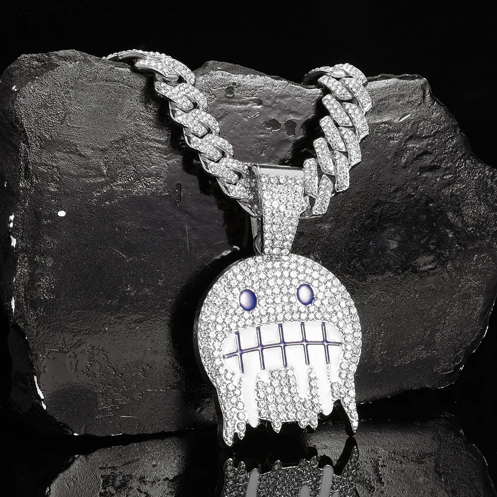 Men White Blue Cubic Zirconia Paved Hip Hop Round Face Pendants Necklaces with Cuban Chain Iced Out Bling CZ Fashion Boy Jewelry