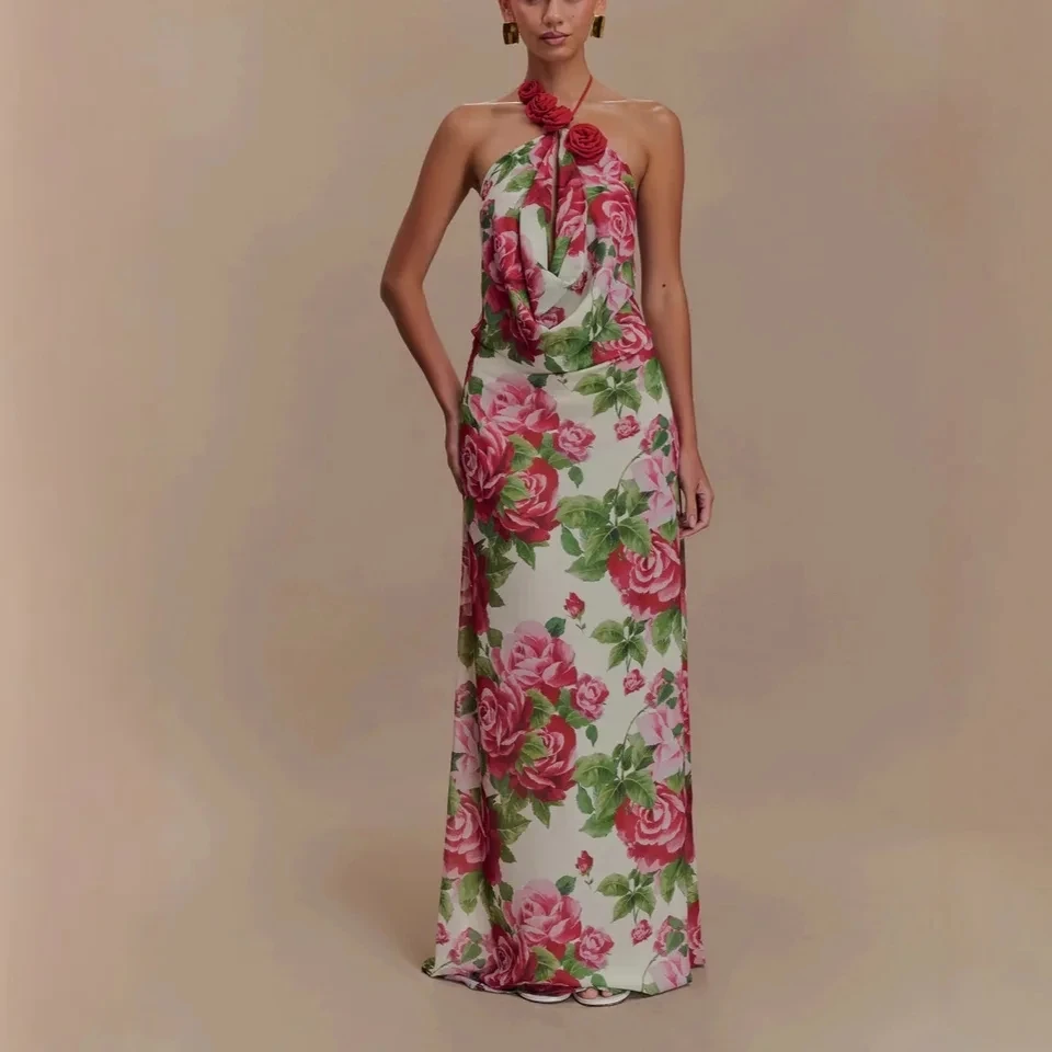 

Women's Fashion Dress with Printed Neck Hanging and Backless Long Dress Sexy Seaside Vacation Style Dress for Women