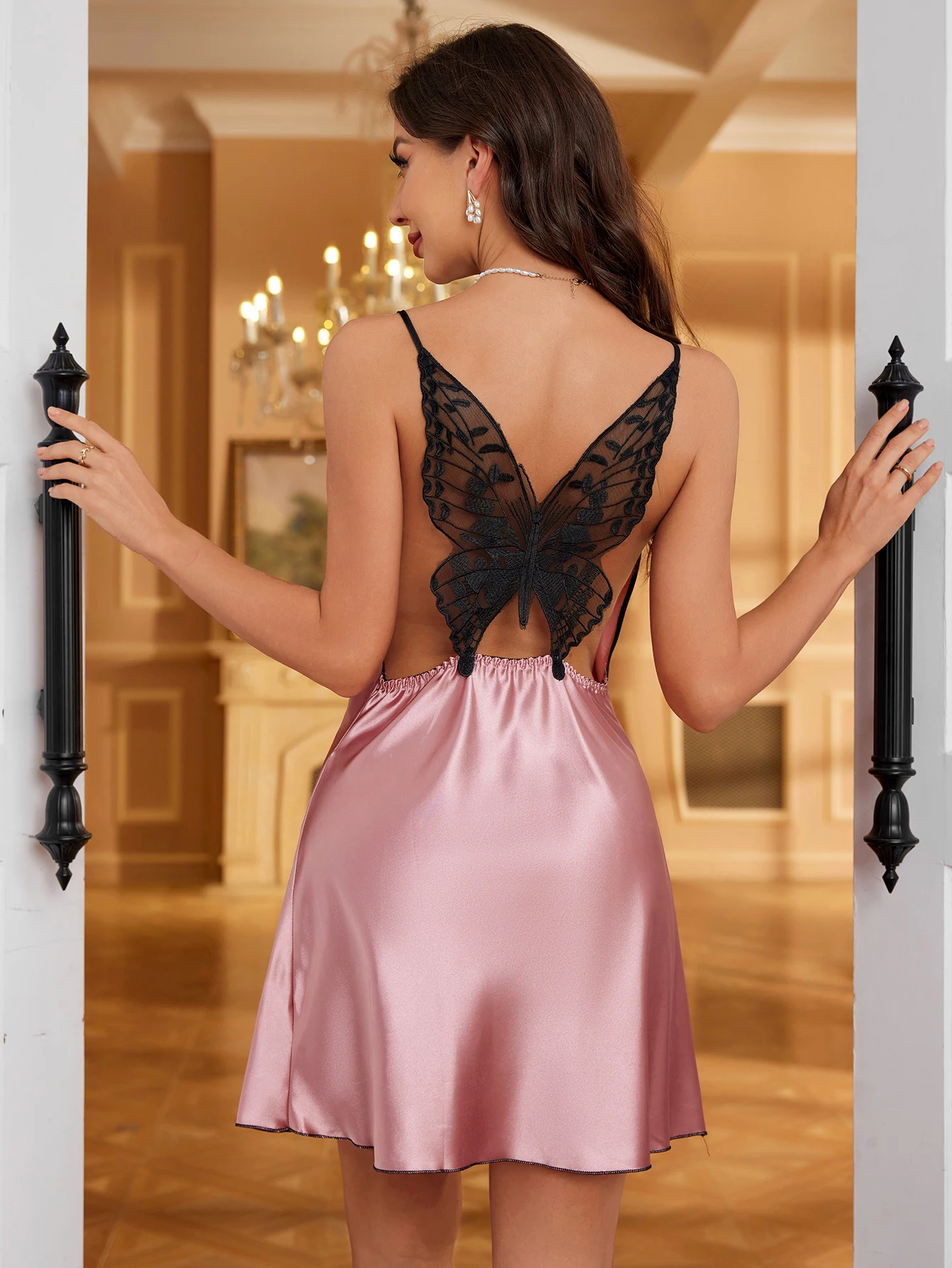 Camisón de mujer con tirantes finos, cuello tipo capucha, bordado de mariposas, espalda descubierta, vestido para dormir, ropa de estar en casa sexy para mujer, ropa de noche.