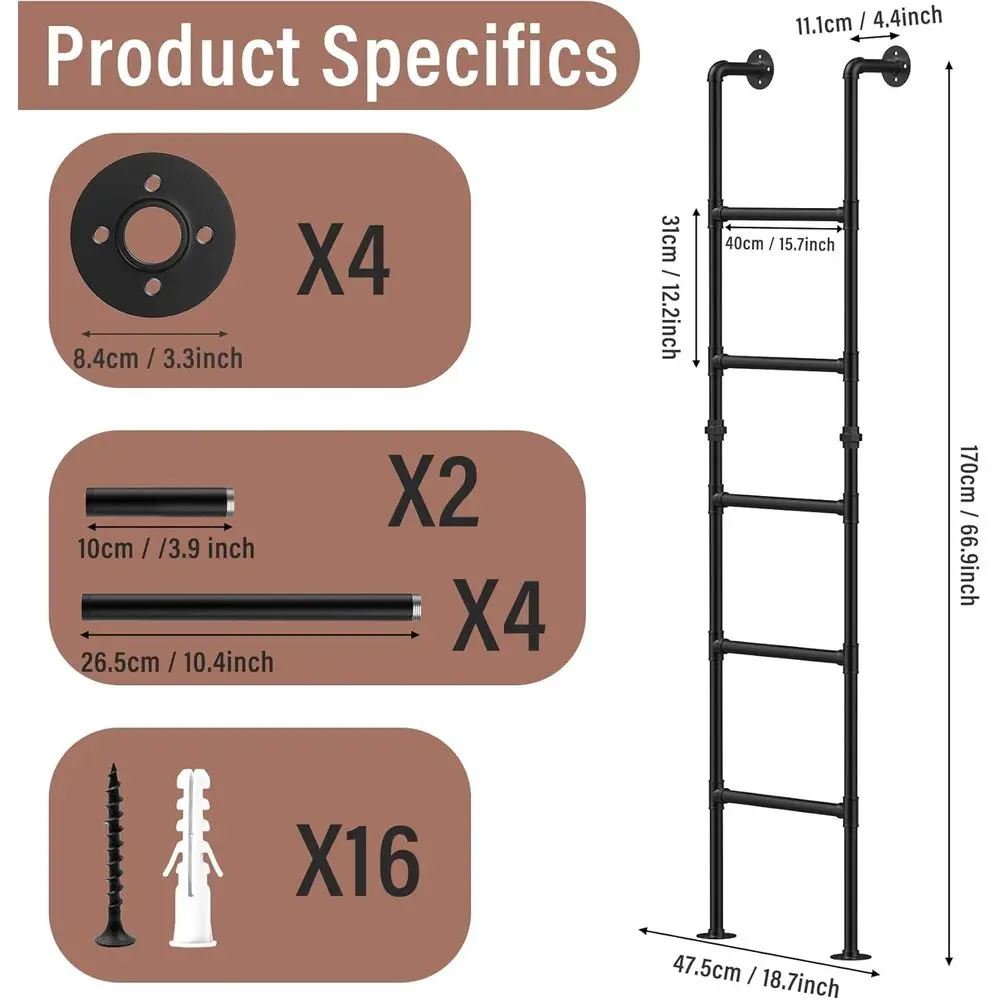 Heavy-Duty 5.6ft RV Bunk Ladder with 5 Rungs, Fire-Escape Style, Supports 355lbs for Home, Attic, and Deck Use