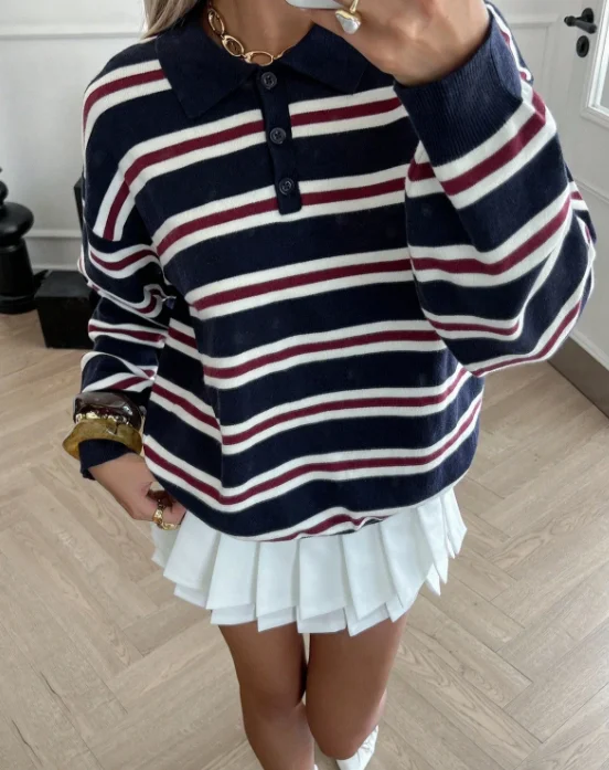 Amerikanischer College-Stil Polo-Pullover mit Blau-Weiß-Rot Gestreiftem Kragen 2026 Mode Klassische Farben für Stilvollen Look – Detail 1