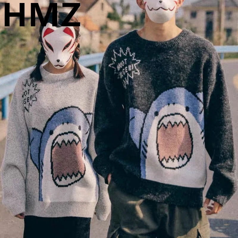 HMZ Couple Cartoon Shark Knitwear Sweater Winter Patchwork Harajuku Korean Style O Neck Oversized Grey Sweater Jumper For Men