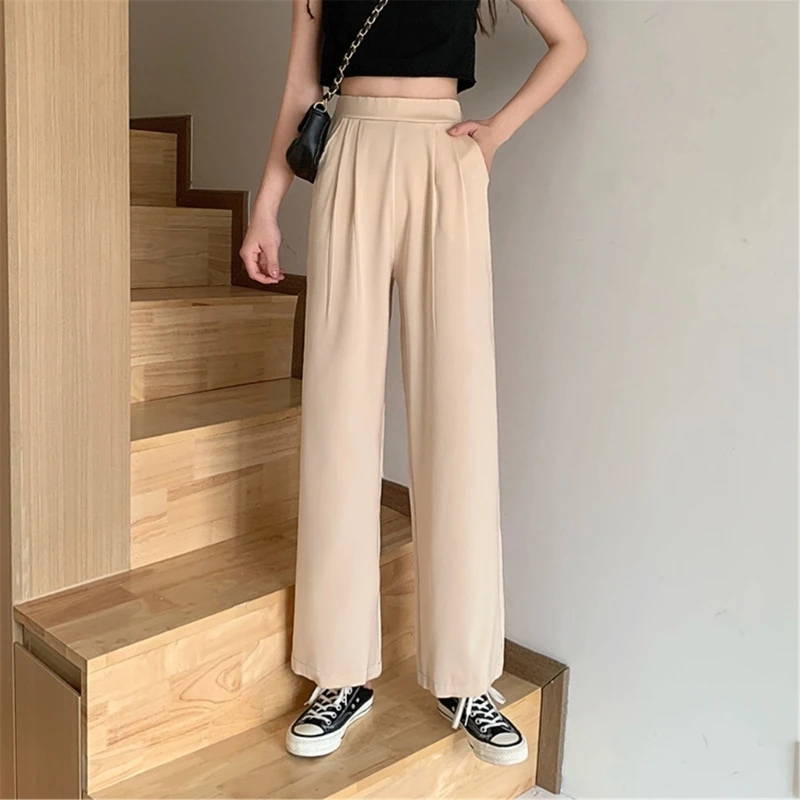 Women High Waist Suit Pants Business Work Straight Drape Trousers with Pockets 066C