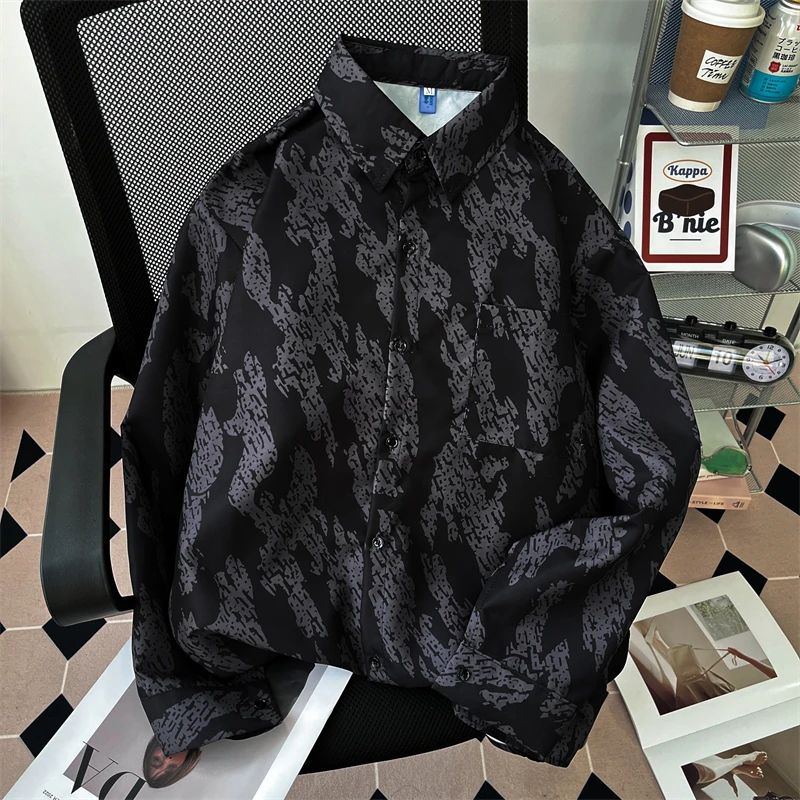 

Men's Long-Sleeved Print Shirts Stylish Loose Korean Fashion Coat Blouses Male Tops Single-breasted Fall 2023 Clothing C151