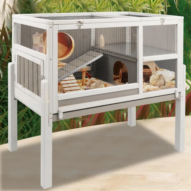 Indoor guinea pig cage, wooden guinea pig cage with stand, small animal cage habitat with leak-proof pull-out tray