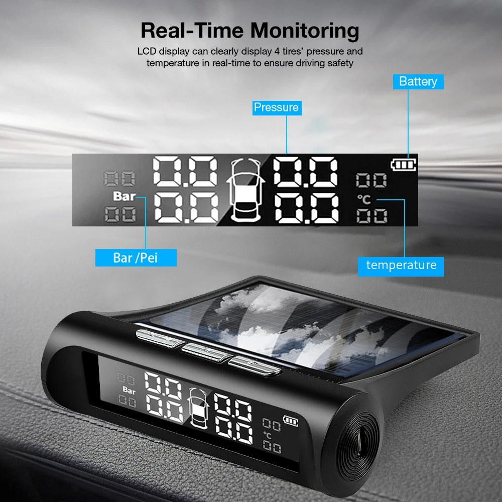 Solar Power TPMS Car Tire Pressure Alarm Monitor System Auto Security Alarm Systems Tyre Pressure Temperature Warning 4 Sensors