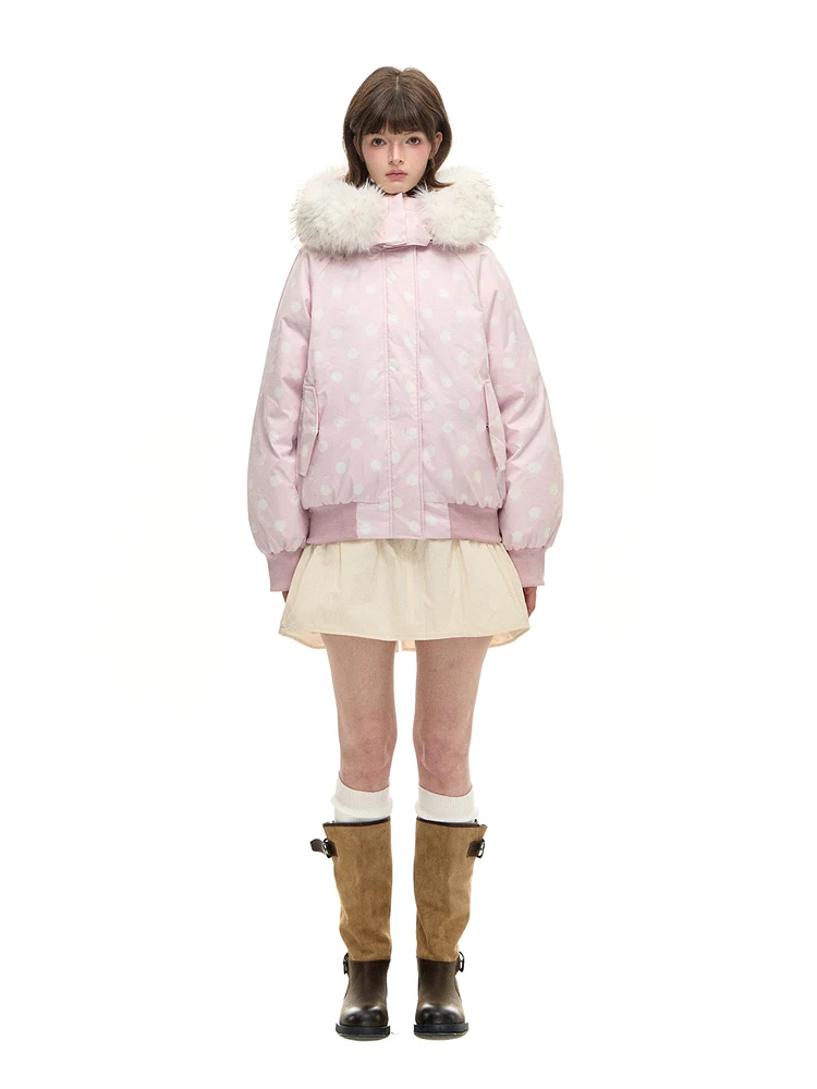 

Зимнее пальто Romance Nanci Pink Polka Dot с пуховым наполнителем, свободного кроя, с большим меховым воротником, теплое, для девочек, стандартный крой