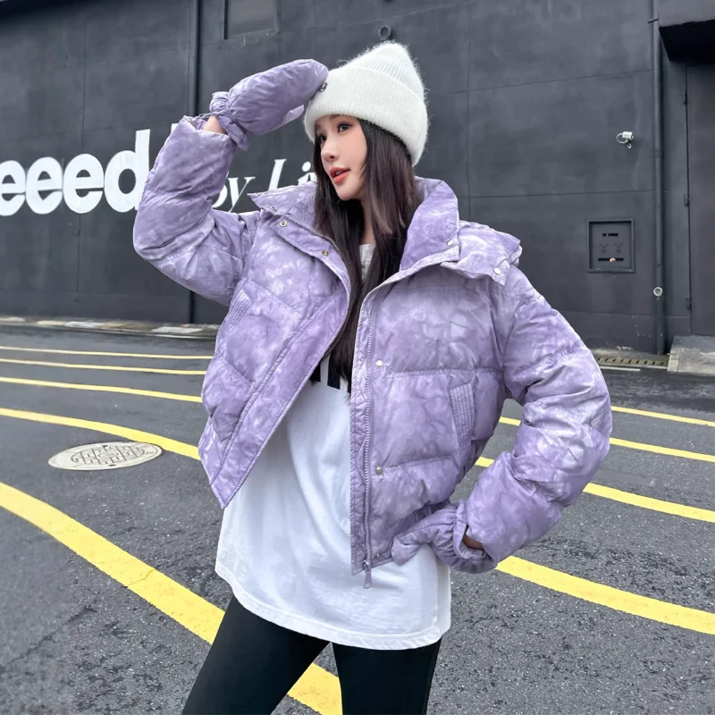 

Down Jacket 2025 Winter New Arrival Trendy Brand Tie-Dye Women's Short Hooded Jacket Unique Gloves Thickened Coat Trendy