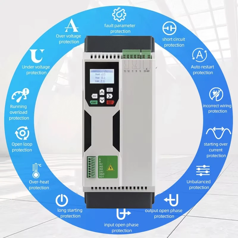18kW~37kW SCKR1-360 Built-in Bypass Intelligent Soft Starter Remote Control Panel RS485 Communication IP20 Protection
