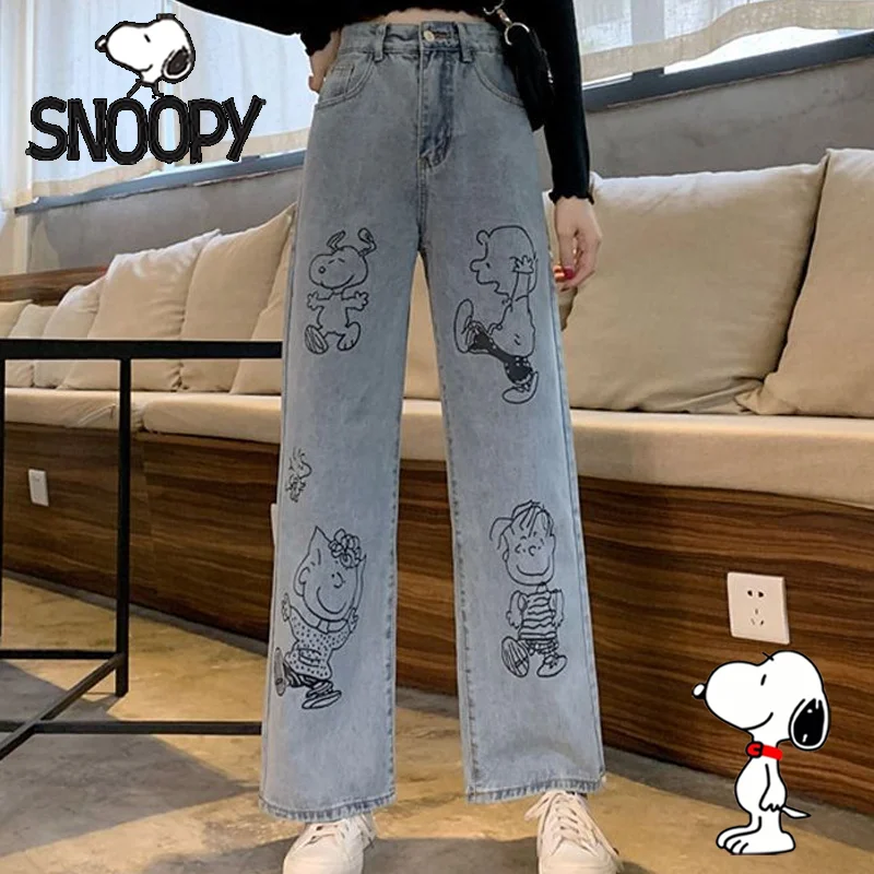 Kawaii Snoopy Jeans Cute Cartoon Women Printed Straight High Waist Wide Leg Pants Fashion Streetwear Hip-Hop Pants Girl Gifts