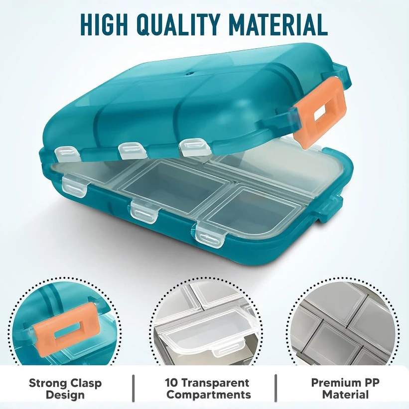 10 مقصورات منظم حبوب السفر، صندوق تخزين حبوب الدواء المحمول، حاوية حبوب منع الحمل اليومية أو محفظة زيت السمك