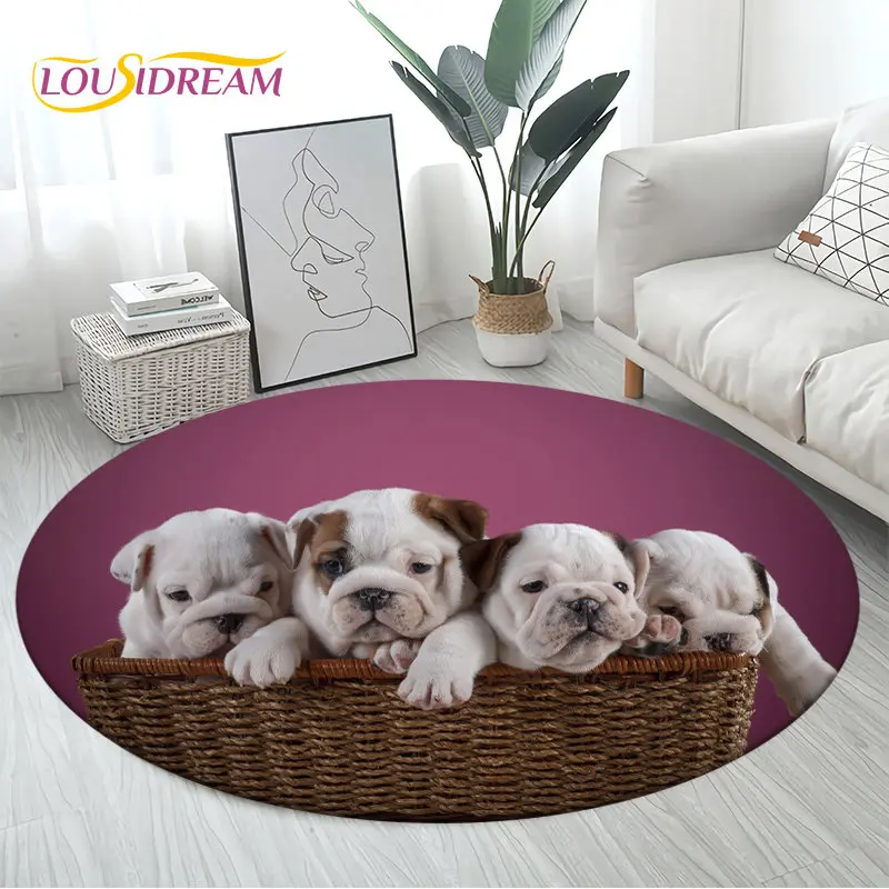 لطيف الفرنسية حفرة الثور الكلب الحيوانات الأليفة الجرو منطقة مستديرة البساط ، السجاد لغرفة المعيشة غرفة نوم الأطفال أريكة غرفة اللعب ديكور ، عدم الانزلاق الكلمة حصيرة