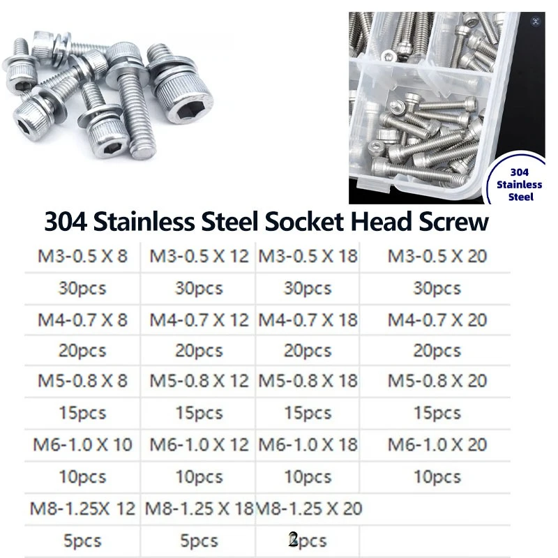 304 Stainless Steel Hex Socket Cap Head 3 in 1 Combination Screws Bolts with Flat Washer & Spring Washer, Metric M3 M4 M5 M6 M8