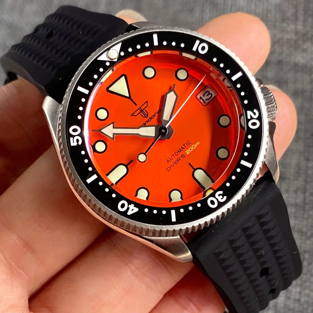 Montre mécanique en acier étanche pour homme, montre-bracelet de plongée orange Sunaged, horloge pour femme, bracelet gaufré, couronne 200, SKX013