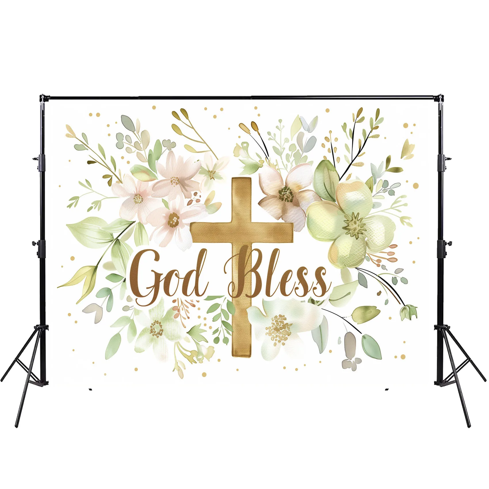 God Bless Baby Shower Party Backdrop Olive Branches and Cross Background,Econ Vinyl,Props