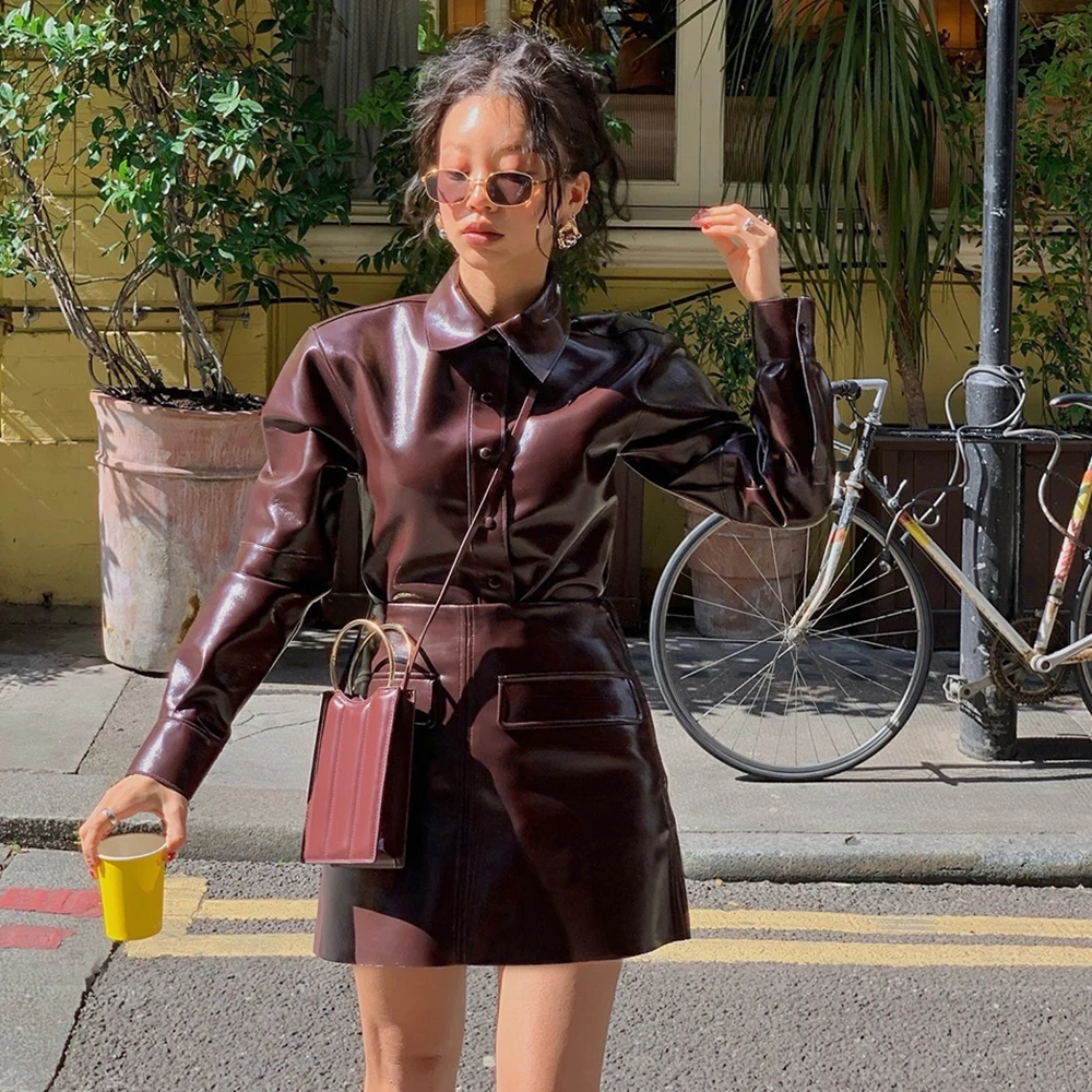 Jaqueta feminina de couro pu, tendência da moda de rua alta, conjunto de 2 peças, lapela de peito único, casaco feminino fino com saia de cintura alta