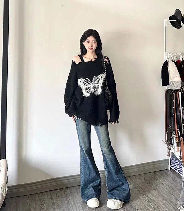 Women\'s Black Gothic Pullover Knitted Sweater Harajuku Korean Y2k Long Sleeves Jumper Sweaters Vintage 2000s Clothes 2024 Autumn