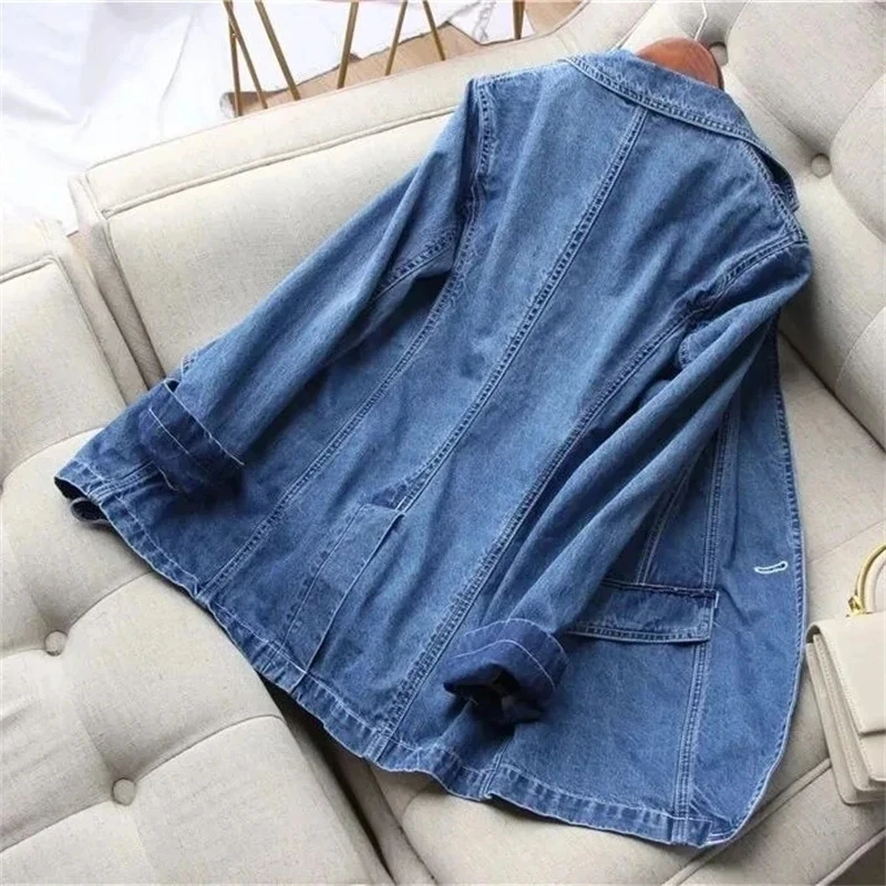 2023 Spring Autumn New Women’s Denim Jacket Fashion  Long Sleeve Loose Casual Jeans Coat Female Suit Collar   Cowboy Overcoat