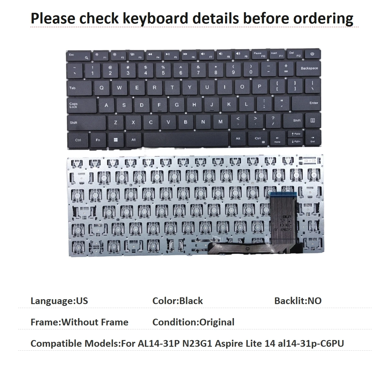 New US Language  Keyboard For Acer AL14-31P N23G1 Aspire Lite 14 al14-31p-C6PU Notebook PC Replacement Keyboard