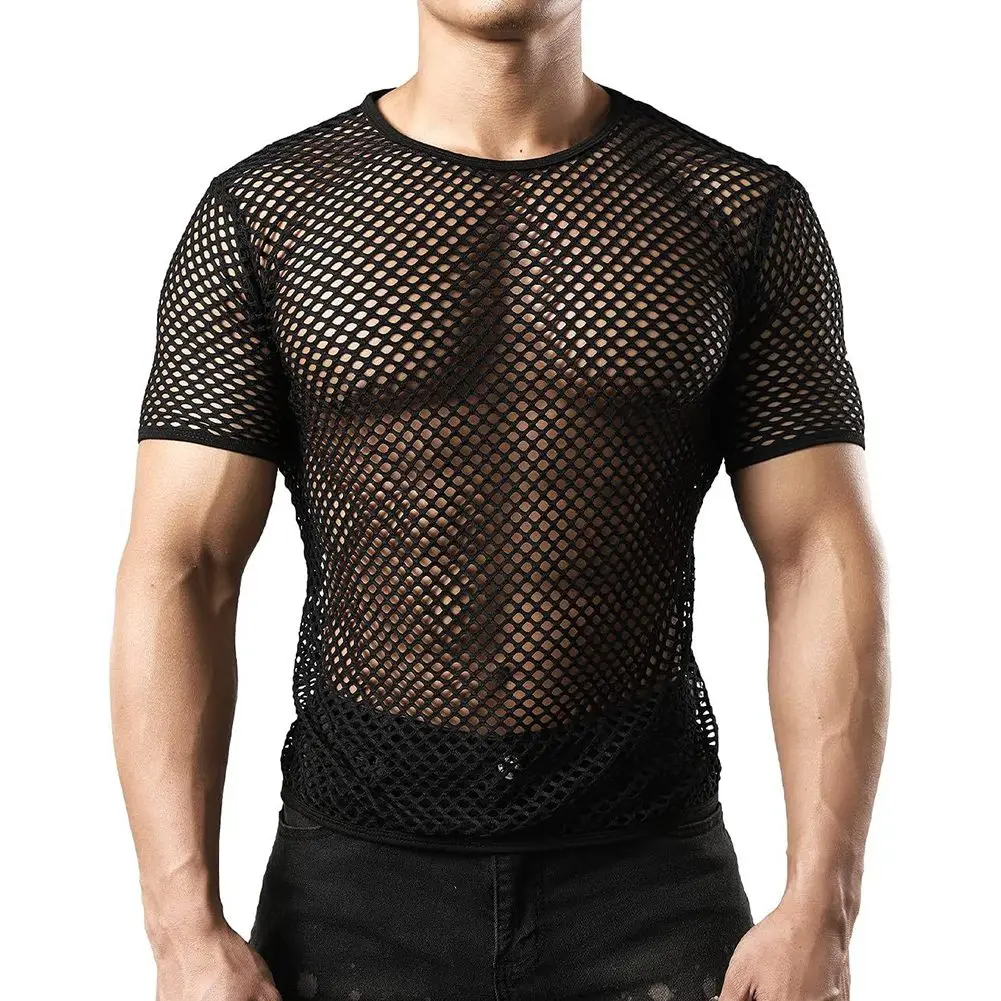 Mens Transparent Sexy Breathable Mesh Short Sleeve T-Shirt See Through Fishnet Party Top Comfortable Clubwear