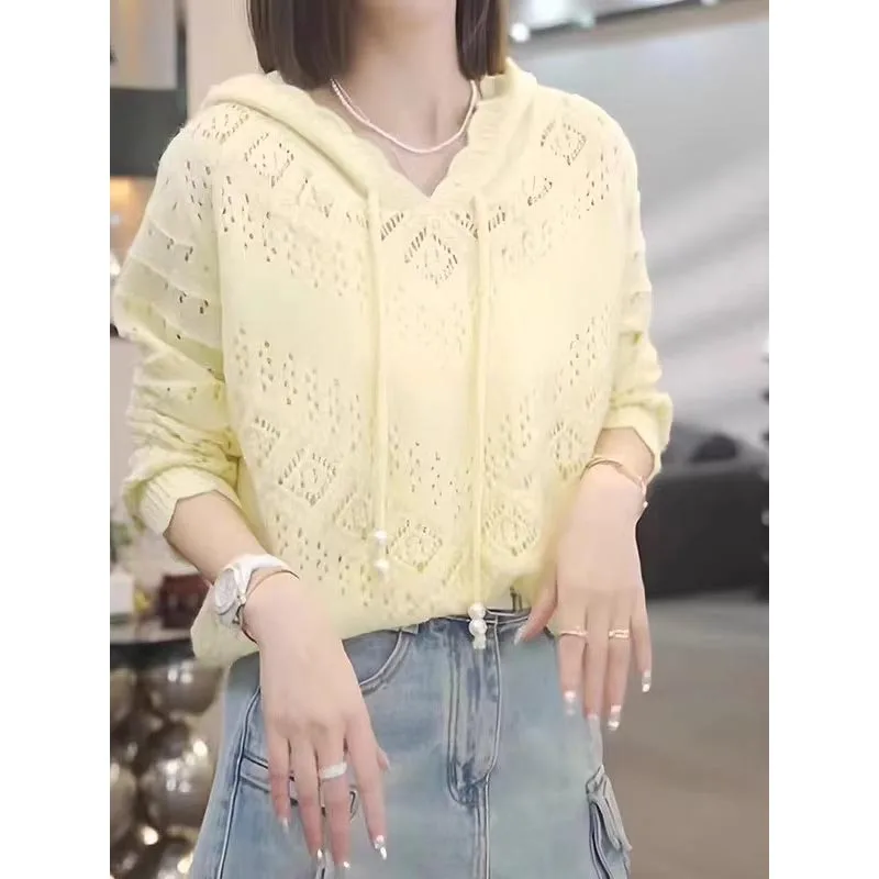 

Women's Clothing Crocheted Hollowed-out Hooded Knit Shirt Spring Antumn New Casual Loose Solid Long Sleeve Top Lady Pullover