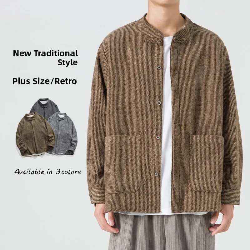 

Ele Thiened Woolen Jaet Men's Autumn Winter Wind Tang Suit Outerwear Loose Size Large Zhongan Tai Chi Costume