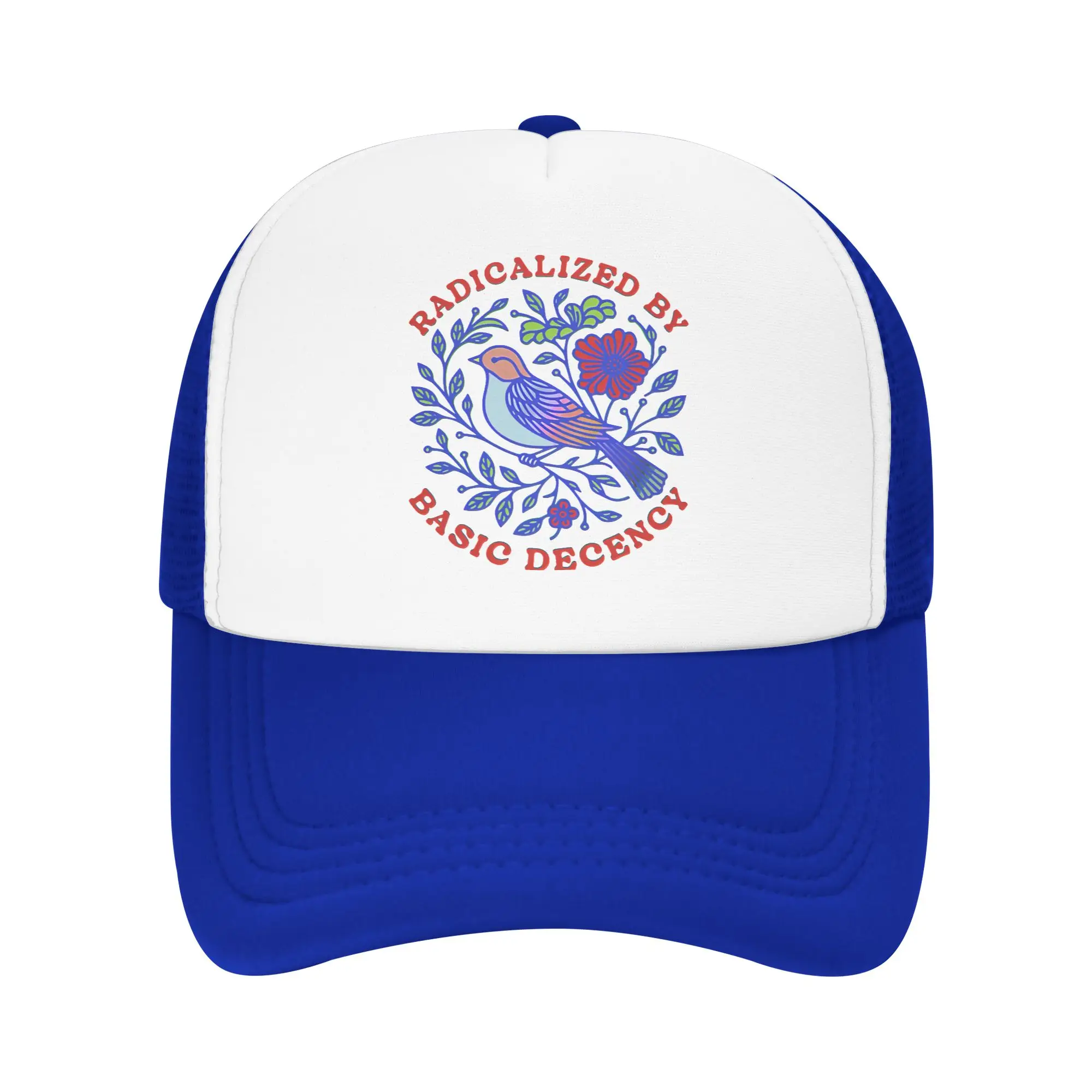 Radicalized by Basic Decency Trucker Hat Unisex Blue Bird Dad Hat Sun Hats Sports Cap Breathable Mesh Baseball Caps Autumn