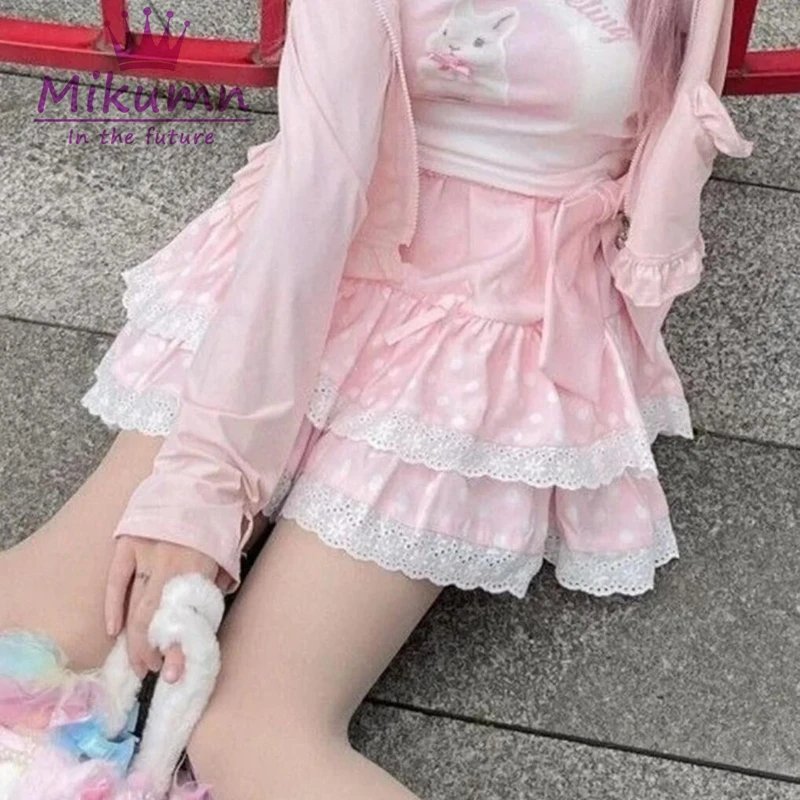 Mikumn-minifalda estilo Lolita Harajuku para mujer, Falda corta con estampado de lunares, lazo dulce y volantes, estilo Kawaii japonés Y2k